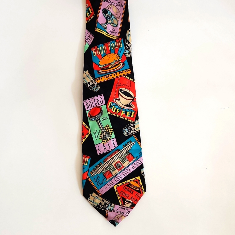 SILK Retro Coffee Shop Diner Bolero Tie Necktie Bold Fun Artsy Father's day